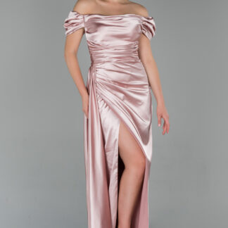 Pudra Kayık Yaka Kuyruklu Uzun Saten Abiye ABU1606