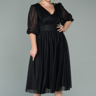 Siyah Kapri Kol Simli Midi Büyük Beden Abiye ABK1098