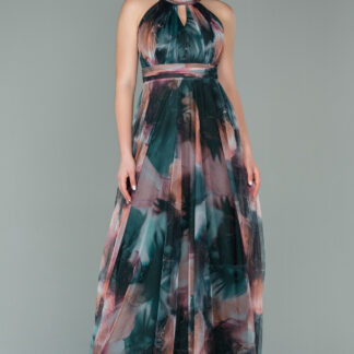 Soğan Kabuğu Uzun Çiçekli Abiye Elbise ABU674