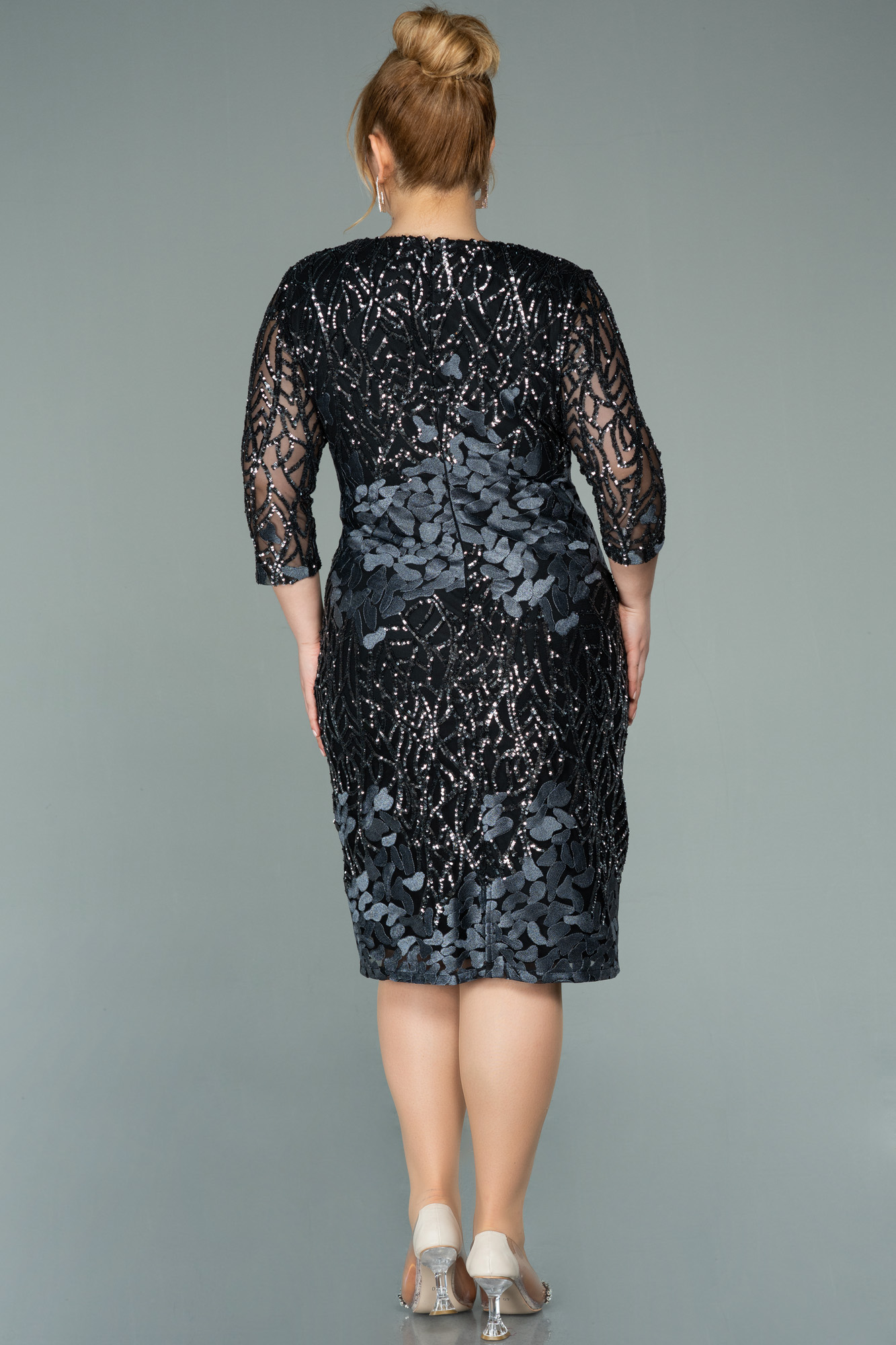 Siyah-Antrasit Kapri Kol Pullu Kısa Büyük Beden Abiye ABK1284 - Görsel 2