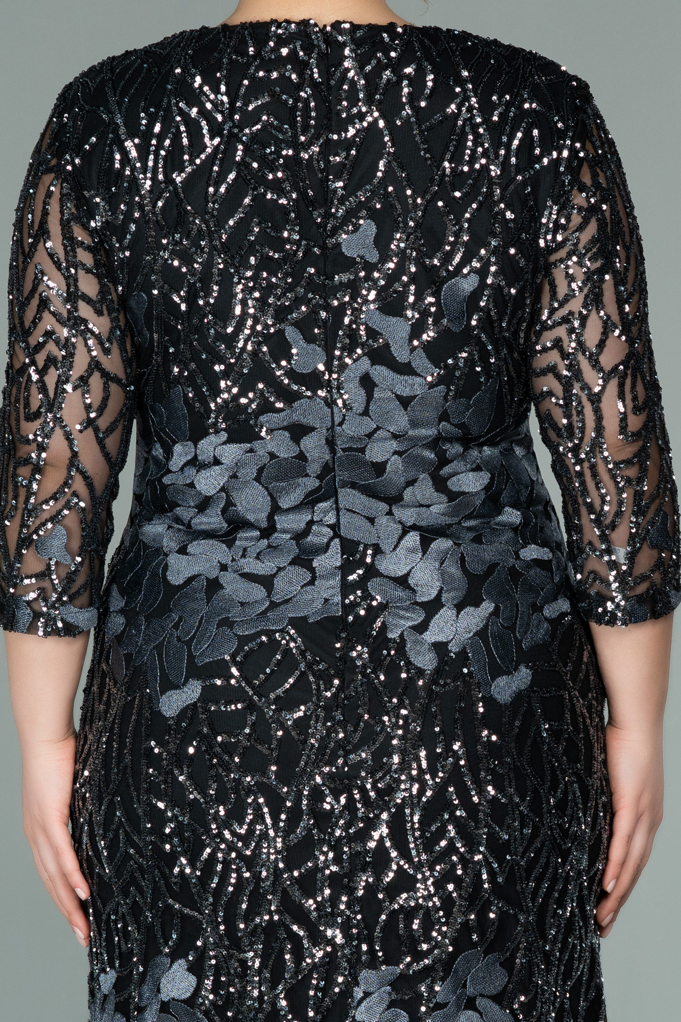 Siyah-Antrasit Kapri Kol Pullu Kısa Büyük Beden Abiye ABK1284 - Görsel 4