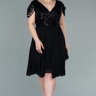 Siyah Üstü Pullu Kısa Şifon Büyük Beden Abiye ABK1376