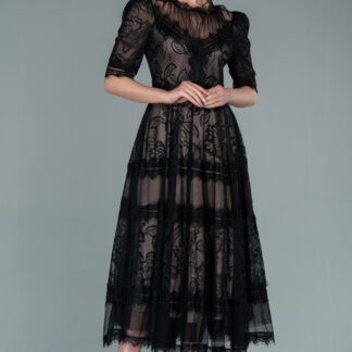 Siyah Kısa Kol Midi Davet Elbisesi ABK1388