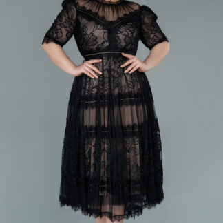 Siyah Kısa Kol Midi Dantel Büyük Beden Abiye ABK1396