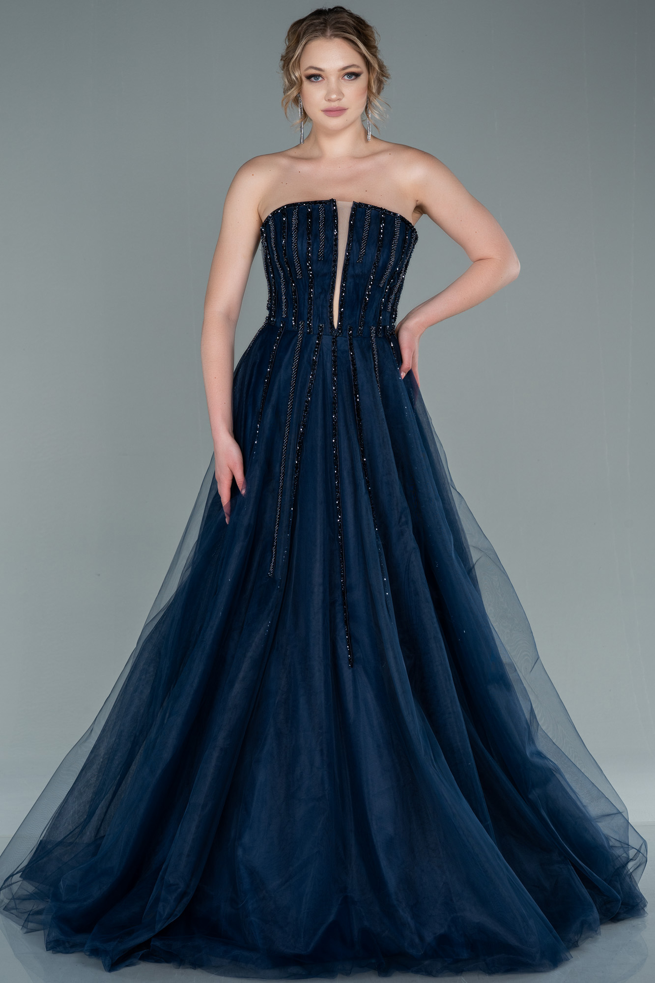 Lacivert Straplez Taşlı Prenses Özel Tasarım Abiye ABU2378