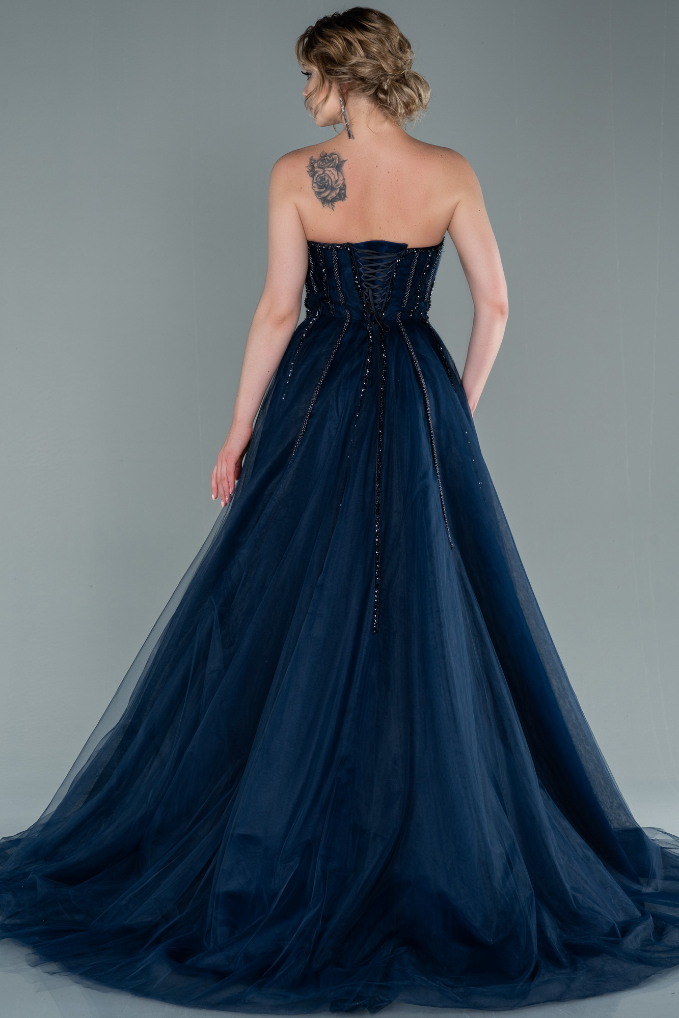 Lacivert Straplez Taşlı Prenses Özel Tasarım Abiye ABU2378 - Görsel 2