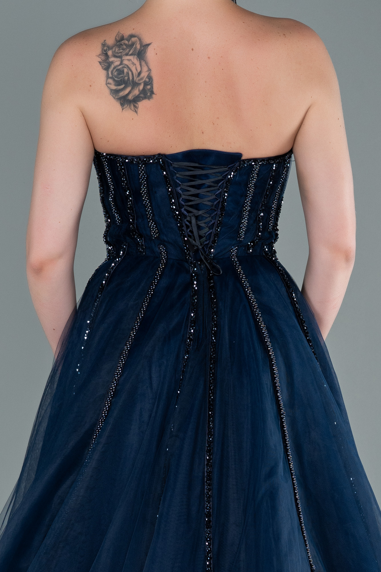 Lacivert Straplez Taşlı Prenses Özel Tasarım Abiye ABU2378 - Görsel 4