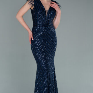 Lacivert Uzun Pul İşlemeli Otrişli Abiye Elbise ABU881