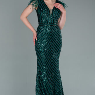 Zümrüt Yeşili Uzun Pul İşlemeli Otrişli Abiye Elbise ABU881