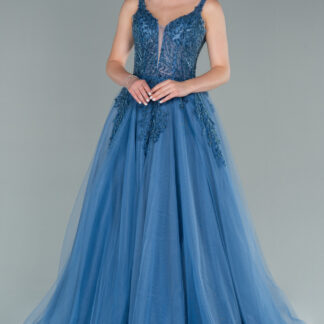 İndigo Taşlı Sırt Dekolteli Özel Tasarım Abiye ABU2090