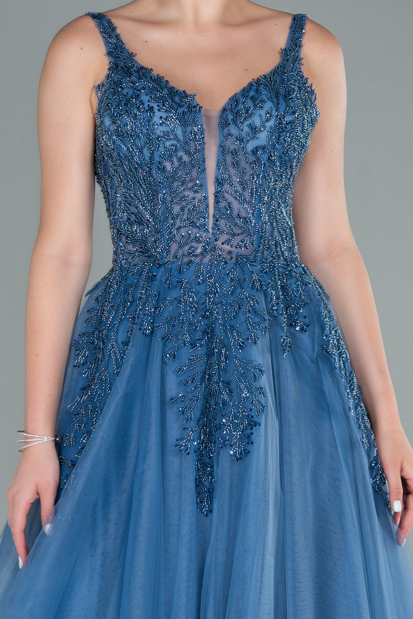 İndigo Taşlı Sırt Dekolteli Özel Tasarım Abiye ABU2090 - Görsel 3