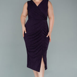 Koyu Mor Kolsuz Simli Midi Büyük Beden Abiye ABK1492