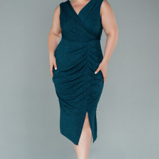 Zümrüt Yeşili Kolsuz Simli Midi Büyük Beden Abiye ABK1492