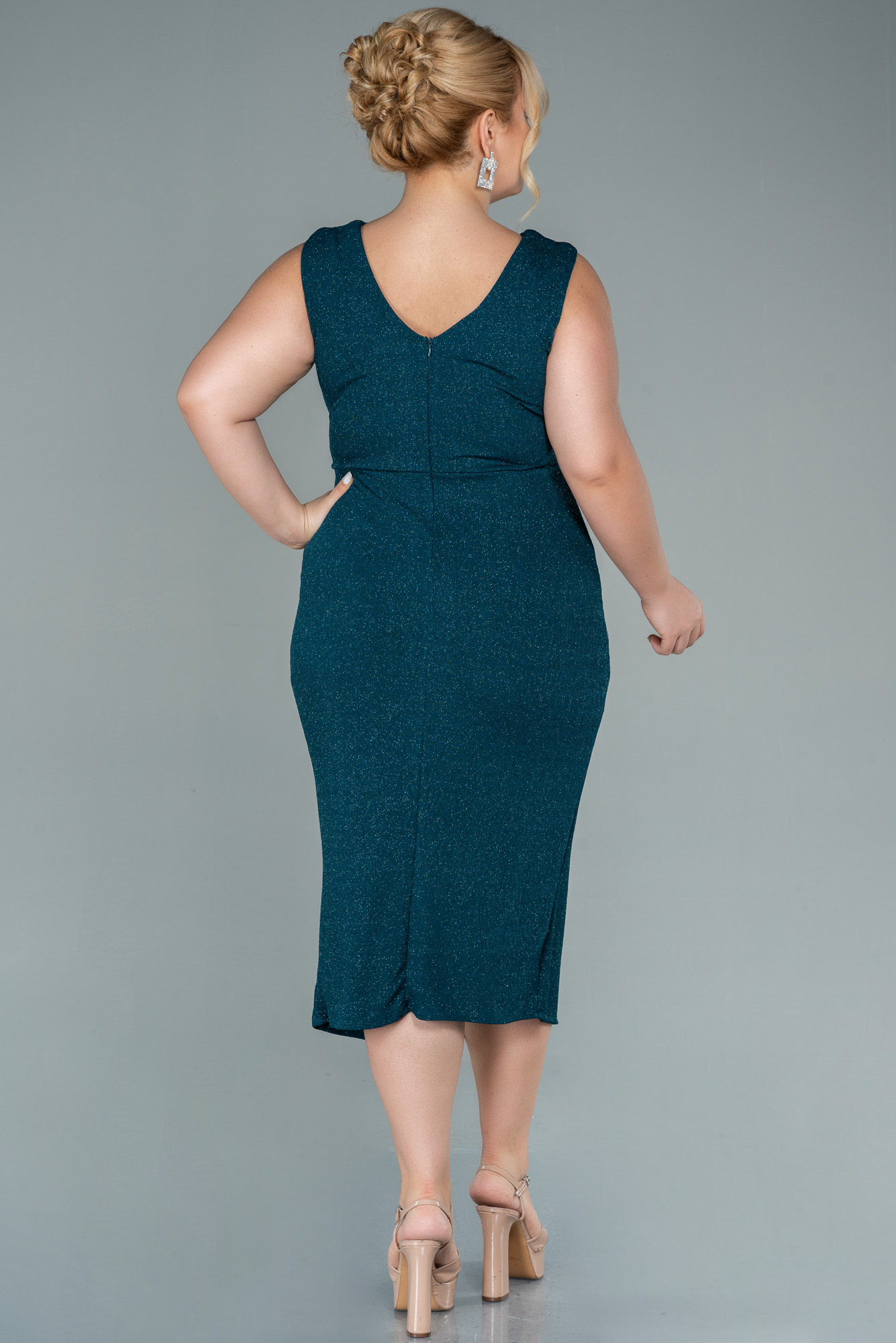 Zümrüt Yeşili Kolsuz Simli Midi Büyük Beden Abiye ABK1492 - Görsel 2