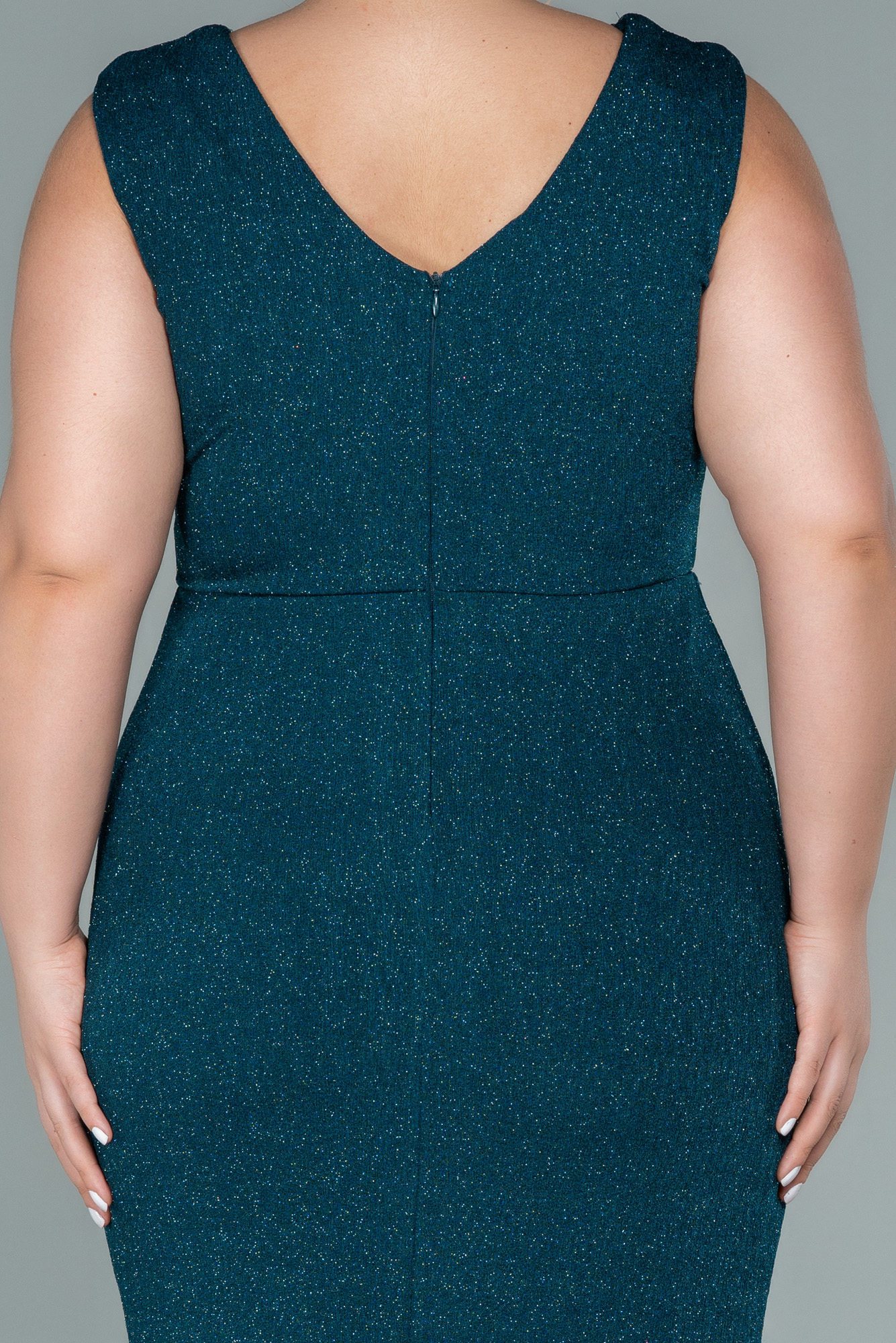 Zümrüt Yeşili Kolsuz Simli Midi Büyük Beden Abiye ABK1492 - Görsel 4