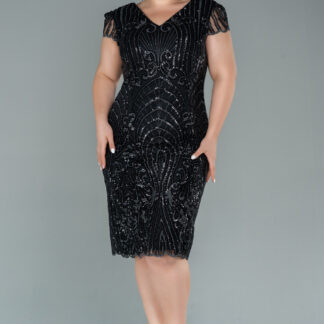 Siyah Kısa Kol Pul İşlemeli Midi Büyük Beden Abiye ABK1283