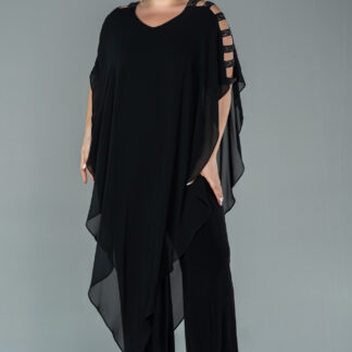 Siyah Kısa Kol Şifon Uzun Büyük Beden Abiye Tulum ABT080