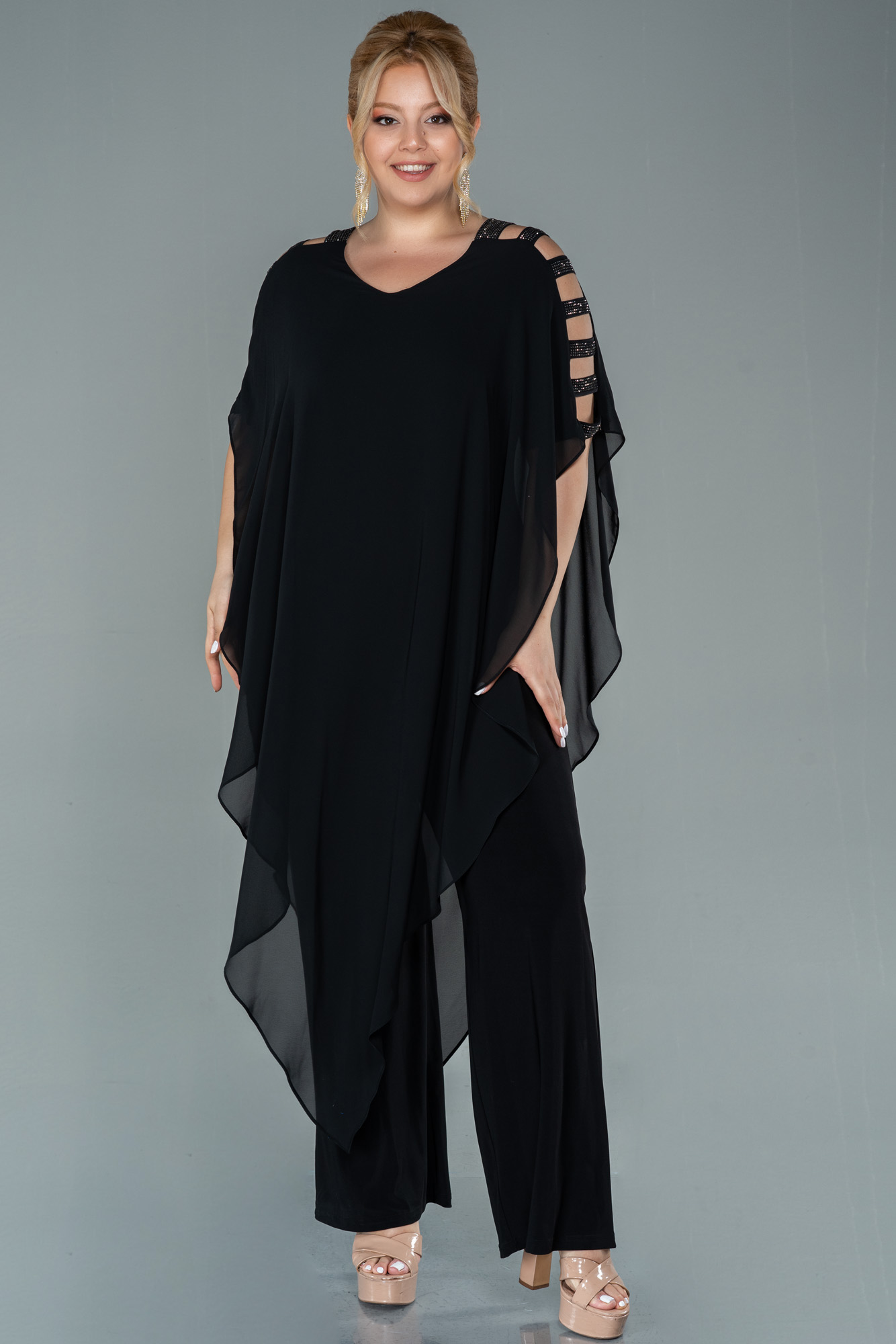 Siyah Kısa Kol Şifon Uzun Büyük Beden Abiye Tulum ABT080