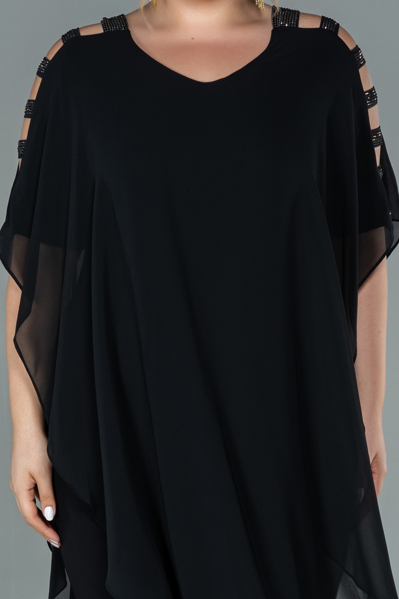 Siyah Kısa Kol Şifon Uzun Büyük Beden Abiye Tulum ABT080 - Görsel 3