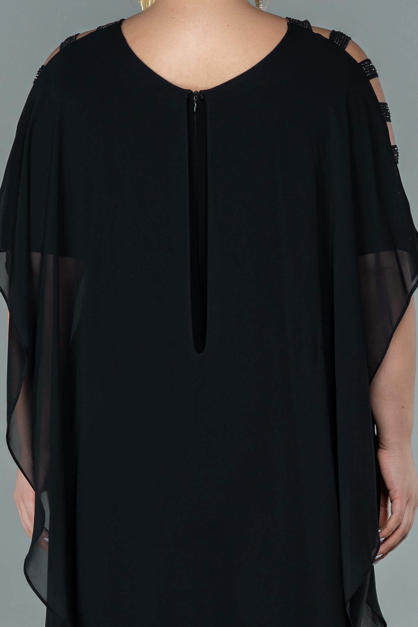 Siyah Kısa Kol Şifon Uzun Büyük Beden Abiye Tulum ABT080 - Görsel 4
