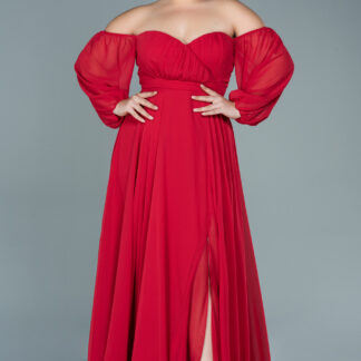 Kırmızı Straplez Uzun Kol Şifon Büyük Beden Abiye ABU2597