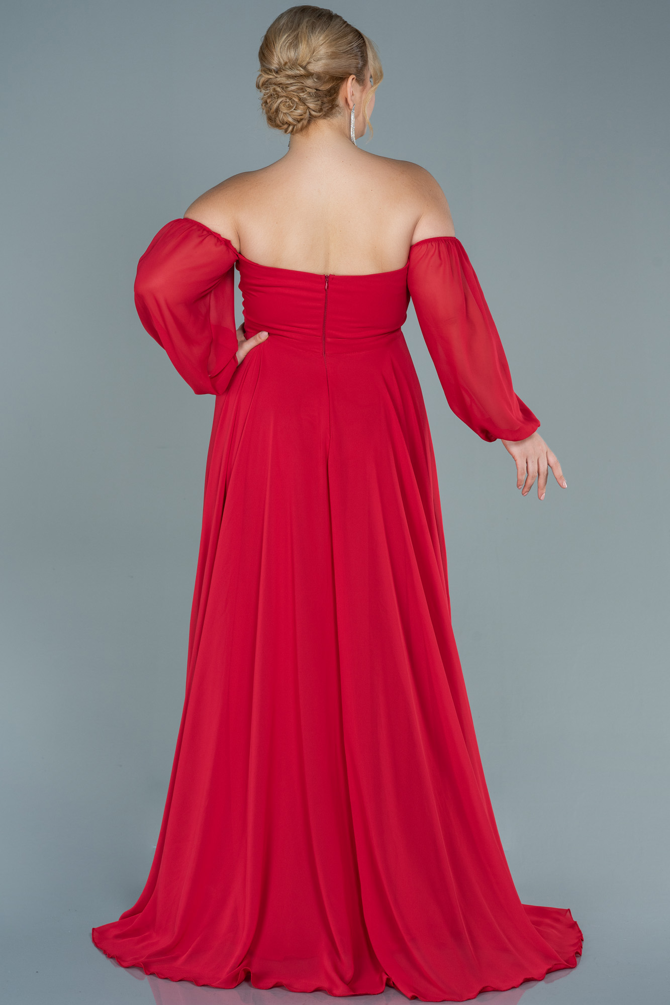 Kırmızı Straplez Uzun Kol Şifon Büyük Beden Abiye ABU2597 - Görsel 2