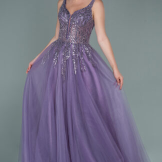 Lavanta Üstü Pullu Kuyruklu Uzun Özel Tasarım Abiye ABU2629