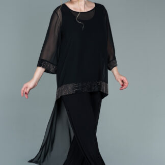 Siyah Kapri Kol Uzun Şifon Büyük Beden Abiye Tulum ABT083