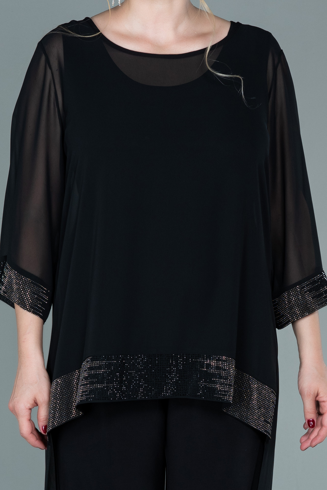 Siyah Kapri Kol Uzun Şifon Büyük Beden Abiye Tulum ABT083 - Görsel 3