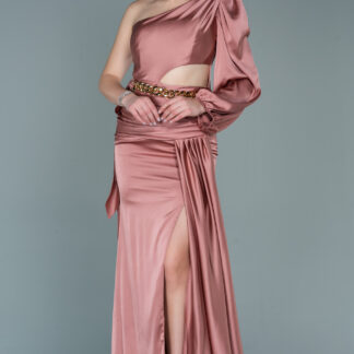 Soğan Kabuğu Tek Kol Yırtmaçlı Uzun Saten Abiye ABU3424