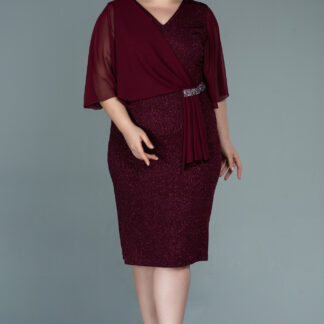 Bordo Kısa Kol Simli Midi Büyük Beden Abiye ABK1610