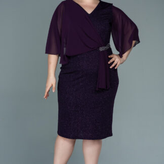 Koyu Mor Kısa Kol Simli Midi Büyük Beden Abiye ABK1610