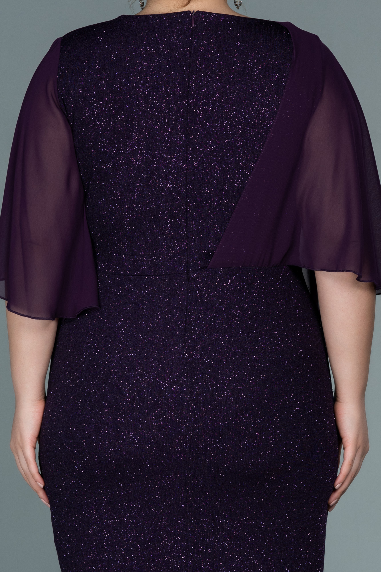 Koyu Mor Kısa Kol Simli Midi Büyük Beden Abiye ABK1610 - Görsel 4