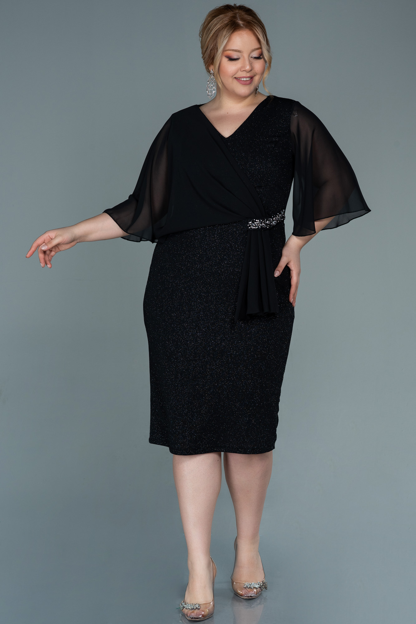 Bordo Kısa Kol Simli Midi Büyük Beden Abiye ABK1610 - Görsel 5