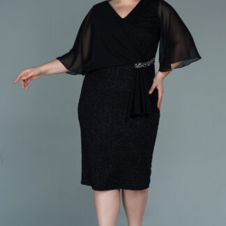 Siyah Şifon Kısa Kol Simli Midi Büyük Beden Abiye ABK1567