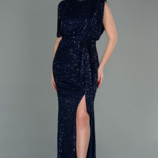 Lacivert Dik Yaka Yırtmaçlı Uzun Pullu Abiye ABU2752