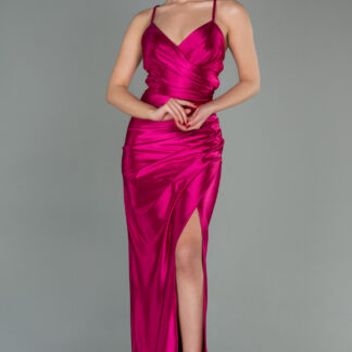 Fuşya Sırt Dekolteli Yırtmaçlı Uzun Saten Abiye ABU2800