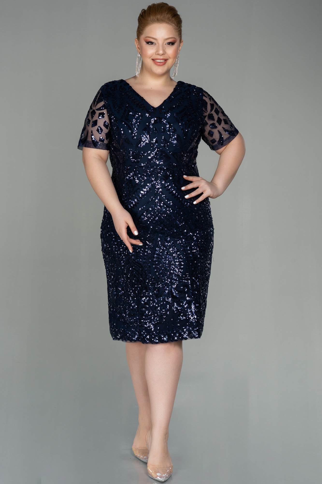 Lacivert Kısa Kol Pul Payet Midi Büyük Beden Abiye ABK1624