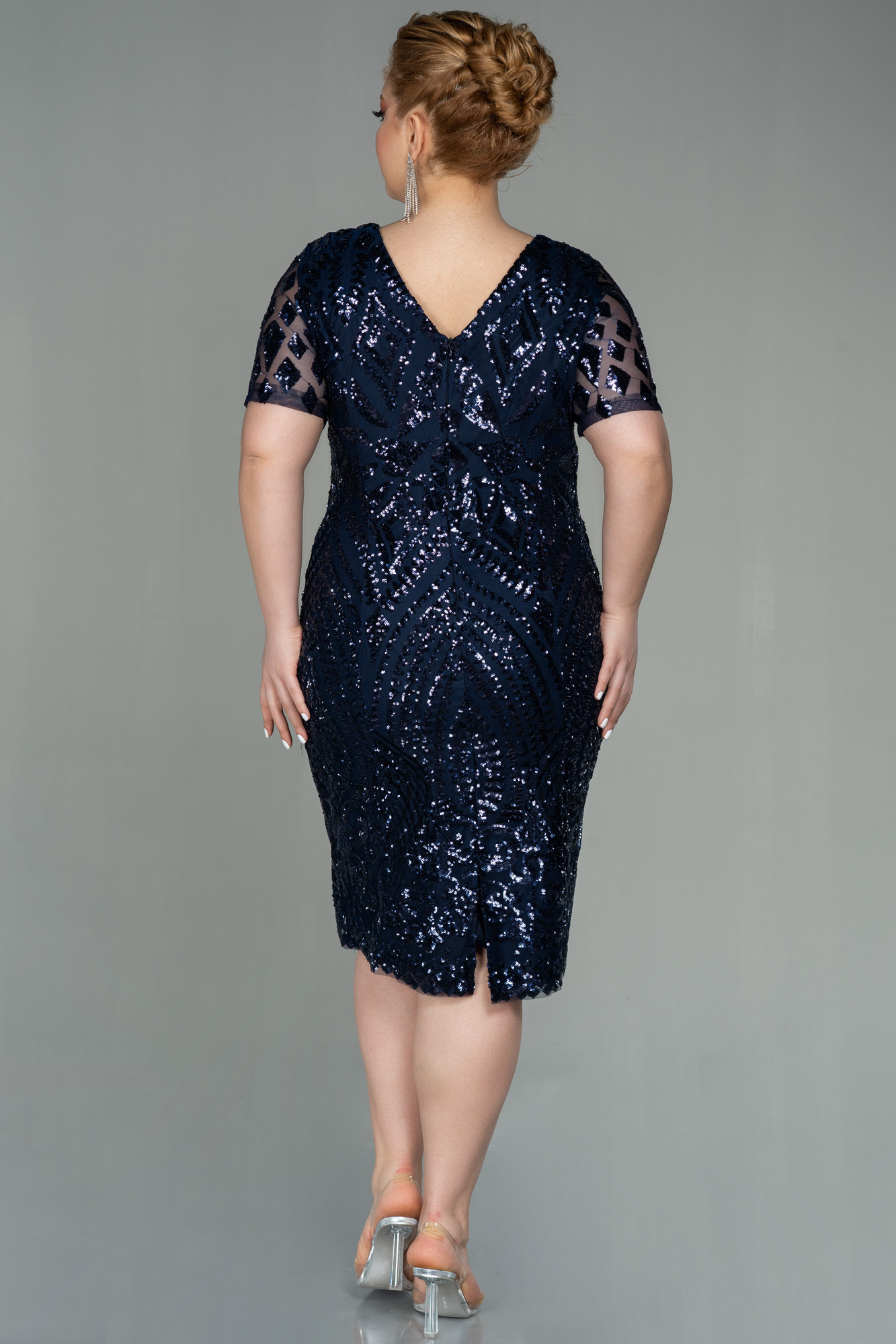 Lacivert Kısa Kol Pul Payet Midi Büyük Beden Abiye ABK1624 - Görsel 2