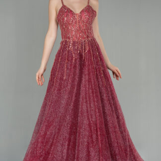 Bordo Gradyan Taş İşlemeli Uzun Simli Özel Tasarım Abiye ABU2057