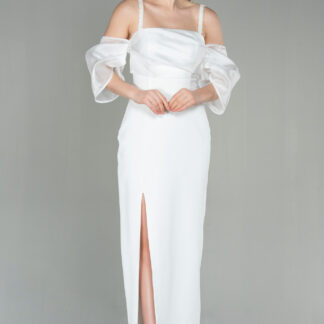 Ekru Askılı Kol Aksesuarlı Yırtmaçlı Uzun Abiye ABU2911