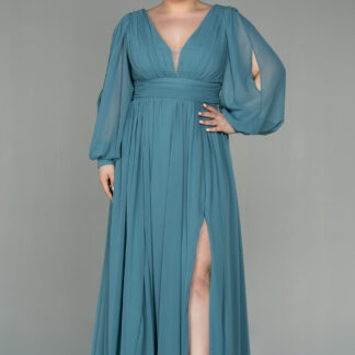 Firuze Uzun Kol Şifon Büyük Beden Abiye ABU1988