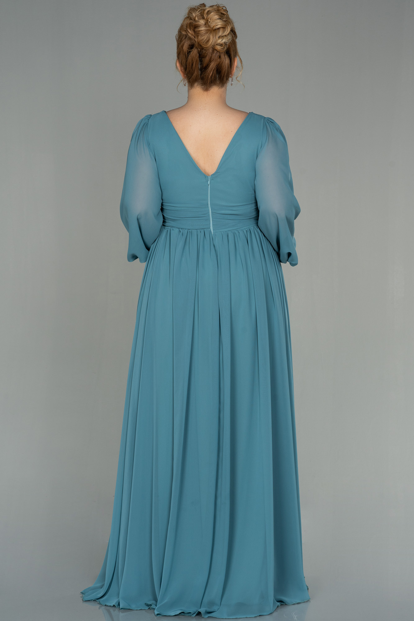 Firuze Uzun Kol Şifon Büyük Beden Abiye ABU1988 - Görsel 2