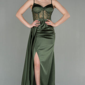 Haki Transparan Taşlı Uzun Saten Abiye Elbise ABU2130