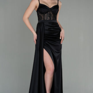 Siyah Transparan Taşlı Uzun Saten Abiye Elbise ABU2130