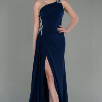 Lacivert Taşlı Tek Omuz Bacak Dekolteli Uzun Abiye ABU2964