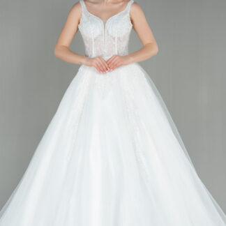 Ekru Boncuk İşlemeli Askılı A Kesim Uzun Gelinlik ABG001