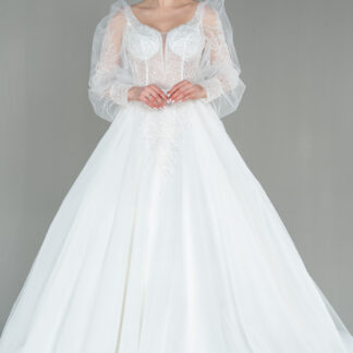 Ekru Boncuk İşlemeli Uzun Kol Prenses Gelinlik ABG012