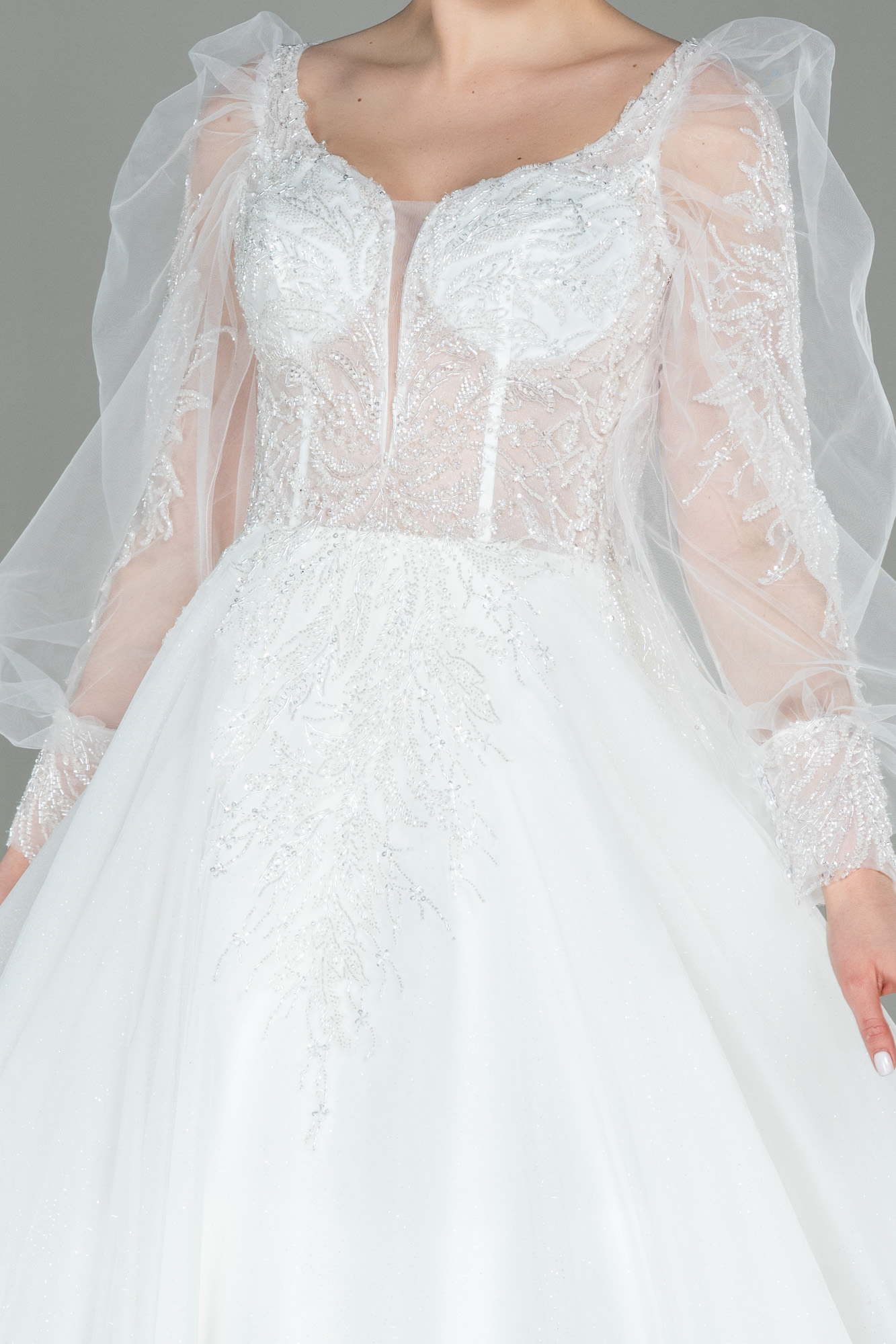 Ekru Boncuk İşlemeli Uzun Kol Prenses Gelinlik ABG012 - Görsel 3