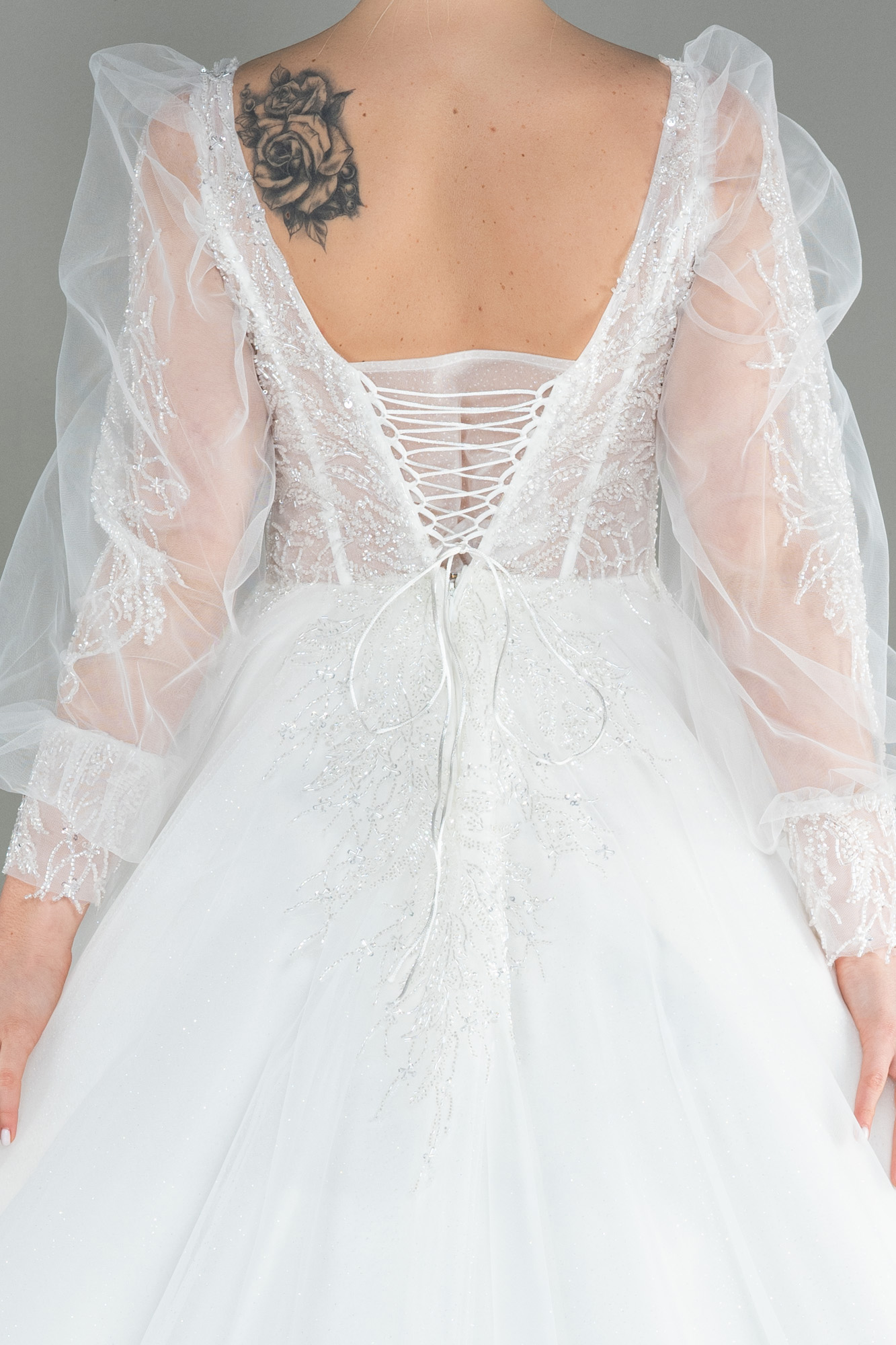 Ekru Boncuk İşlemeli Uzun Kol Prenses Gelinlik ABG012 - Görsel 4